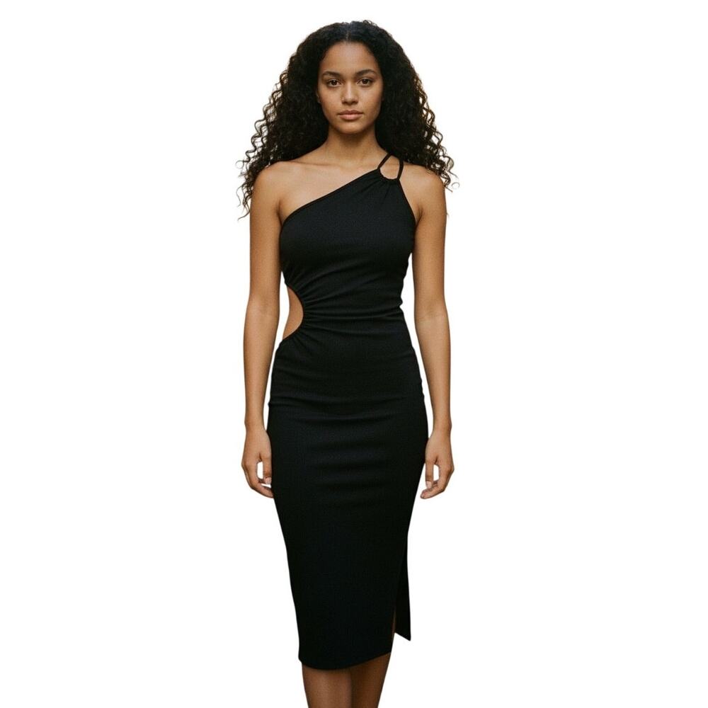 Cut Out Midi Dress NWT Black Bodycon Large One Shoulder Stretch Sheath Black LBD